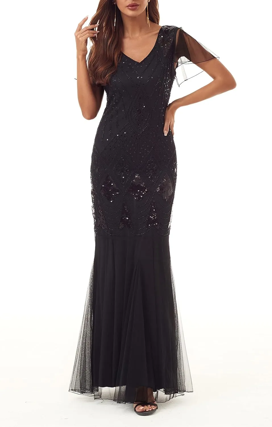 Women Evening Dress 1920s Flapper Cocktail Mermaid Plus Size Formal Gown with Long Gloves