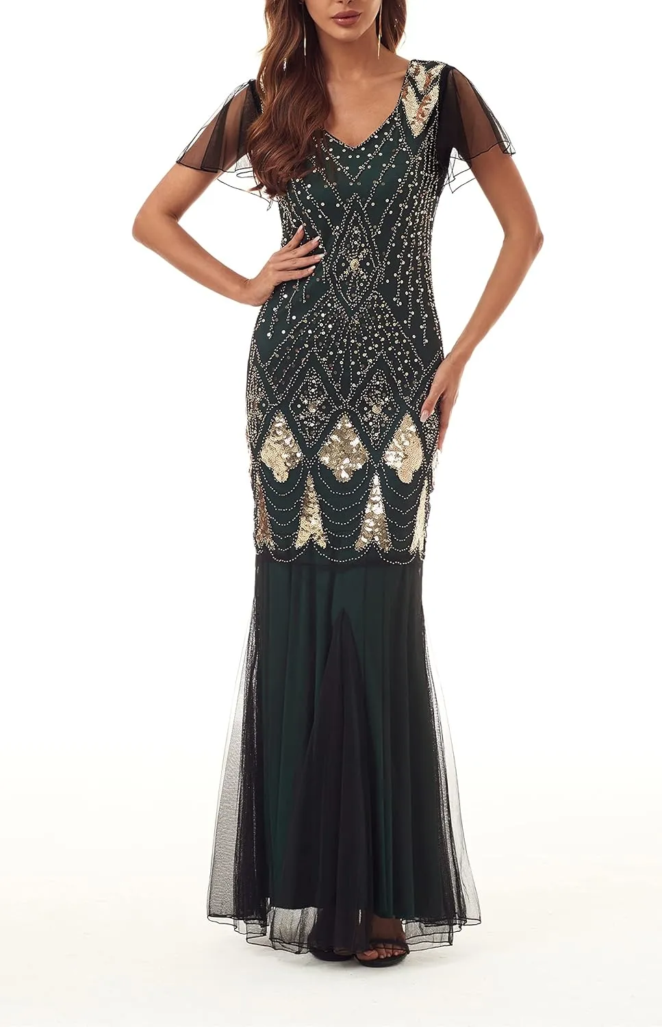 Women Evening Dress 1920s Flapper Cocktail Mermaid Plus Size Formal Gown with Long Gloves