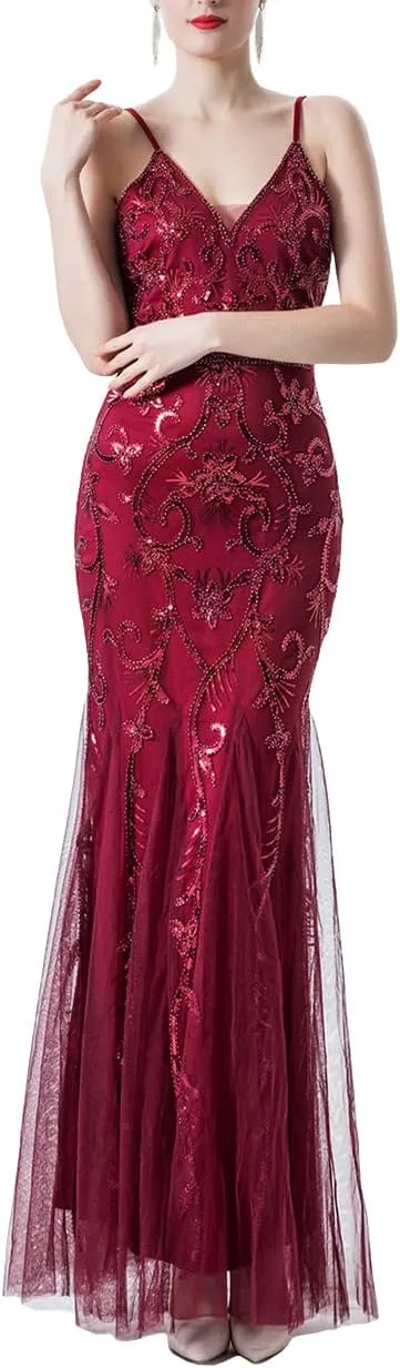 Women Evening Dress 1920s Flapper Cocktail Mermaid Plus Size Formal Gown with Long Gloves