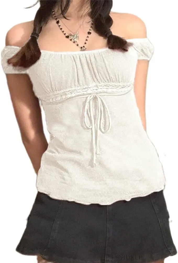 Women Fairy Grunge Y2k Shirts See Through Square Neck Lace Patchwork Tops Vintage Goth Aesthetic Clothing