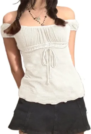 Women Fairy Grunge Y2k Shirts See Through Square Neck Lace Patchwork Tops Vintage Goth Aesthetic Clothing