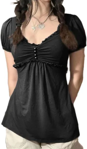 Women Fairy Grunge Y2k Shirts See Through Square Neck Lace Patchwork Tops Vintage Goth Aesthetic Clothing