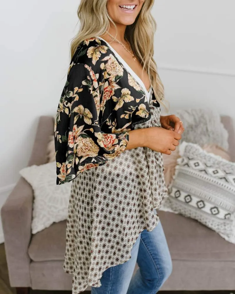 Women Floral Kimono Cardigans 3/4 Ruffle Sleeve Lightweight Patchwork Flowy Boho Tie Loose Cover Ups