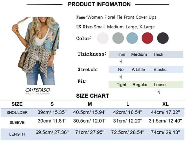 Women Floral Kimono Cardigans 3/4 Ruffle Sleeve Lightweight Patchwork Flowy Boho Tie Loose Cover Ups