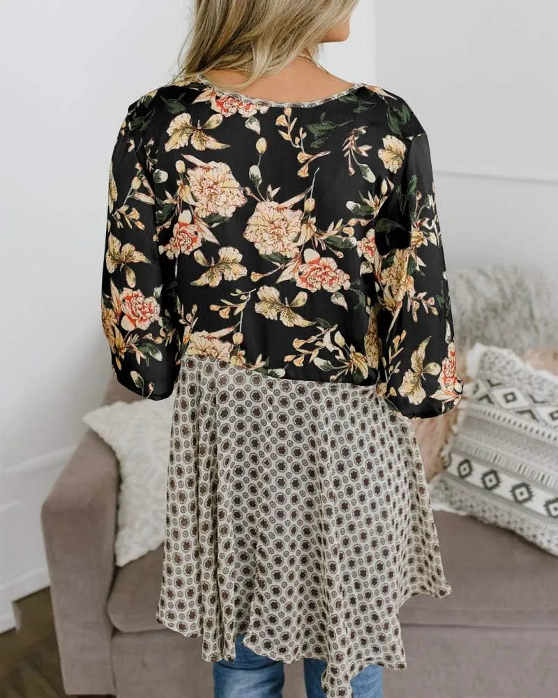 Women Floral Kimono Cardigans 3/4 Ruffle Sleeve Lightweight Patchwork Flowy Boho Tie Loose Cover Ups