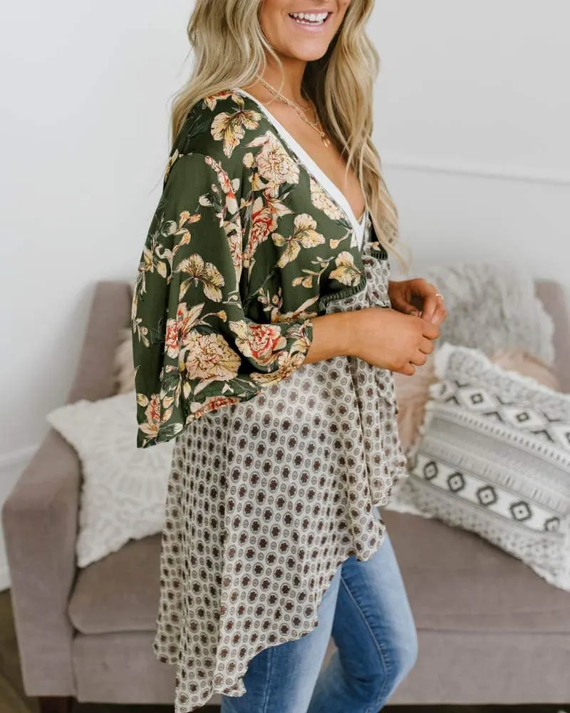 Women Floral Kimono Cardigans 3/4 Ruffle Sleeve Lightweight Patchwork Flowy Boho Tie Loose Cover Ups