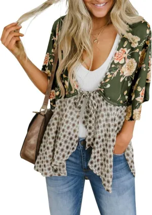 Women Floral Kimono Cardigans 3/4 Ruffle Sleeve Lightweight Patchwork Flowy Boho Tie Loose Cover Ups
