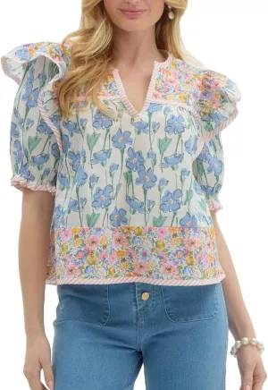 Women Floral Patchwork Short Sleeve Shirt Boho Flutter Sleeve V Neck Peplum Blouse Tops Summer Y2k Babydoll Tank Top