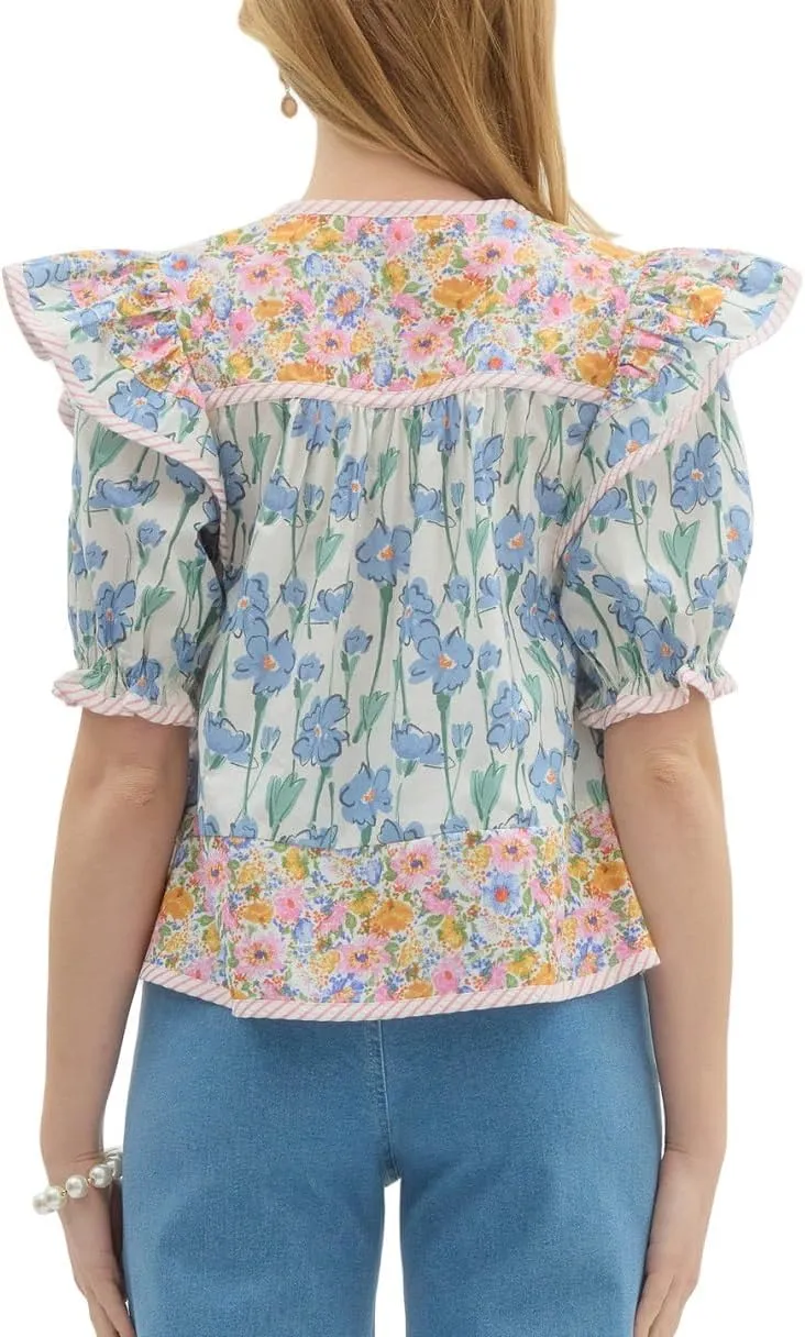 Women Floral Patchwork Short Sleeve Shirt Boho Flutter Sleeve V Neck Peplum Blouse Tops Summer Y2k Babydoll Tank Top