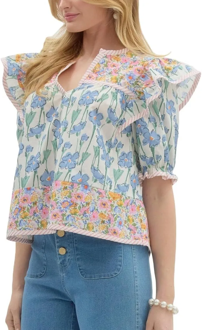 Women Floral Patchwork Short Sleeve Shirt Boho Flutter Sleeve V Neck Peplum Blouse Tops Summer Y2k Babydoll Tank Top