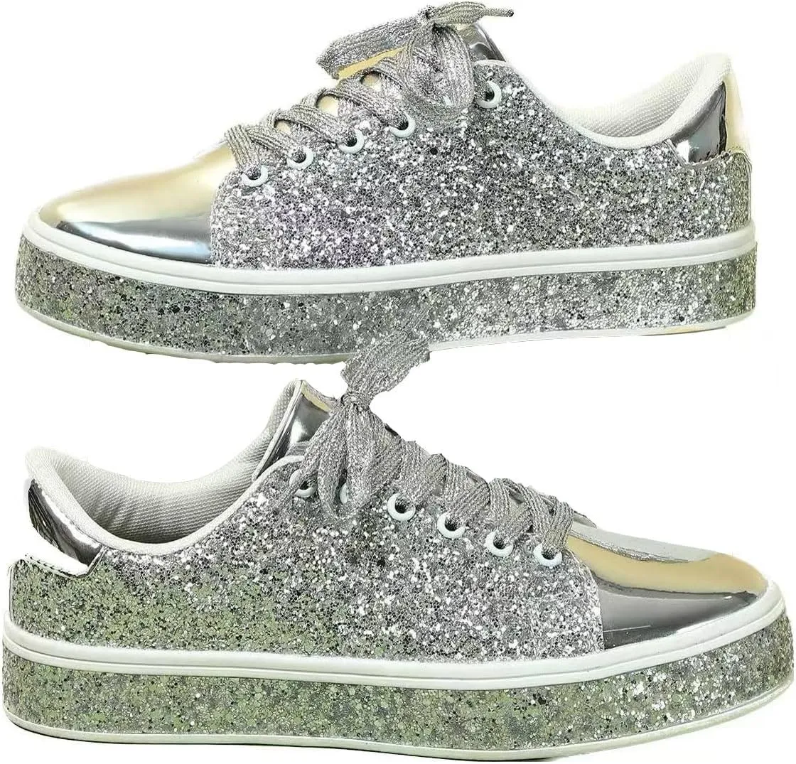 Women Glitter Sneakers Lace up Fashion Sneakers Sparkly Shoes
