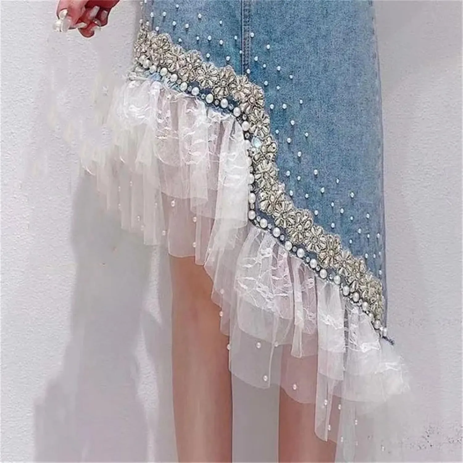 Women Lace Patchwork Irregular Hem Denim Skirts Bead Pearl Diamond Jean Skirt