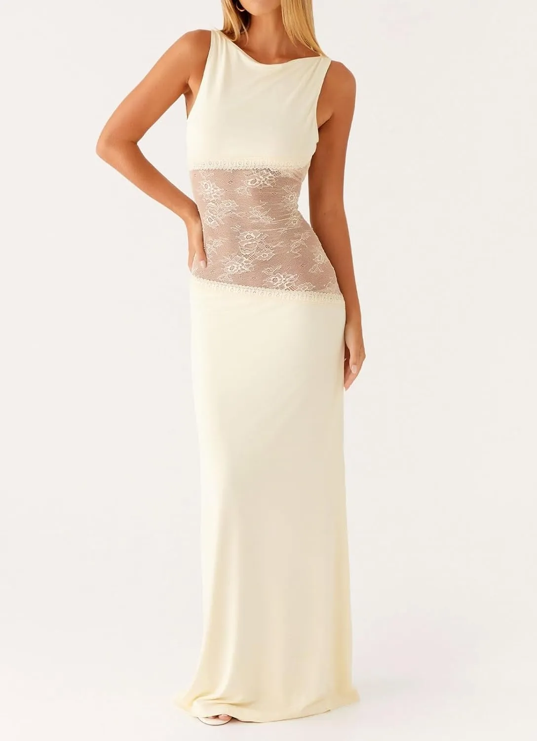 Women Lace Patchwork Maxi Dress Sleeveless Backless Cut Out Bodycon Long Dresses Y2k Elegant Mesh Cocktail Dress