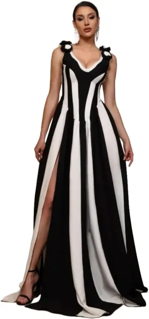 Women Luxury Bandage Party Dress Black White Patchwork Applique A Line Maxi Long Celebrity Evening Party Gala Gowns