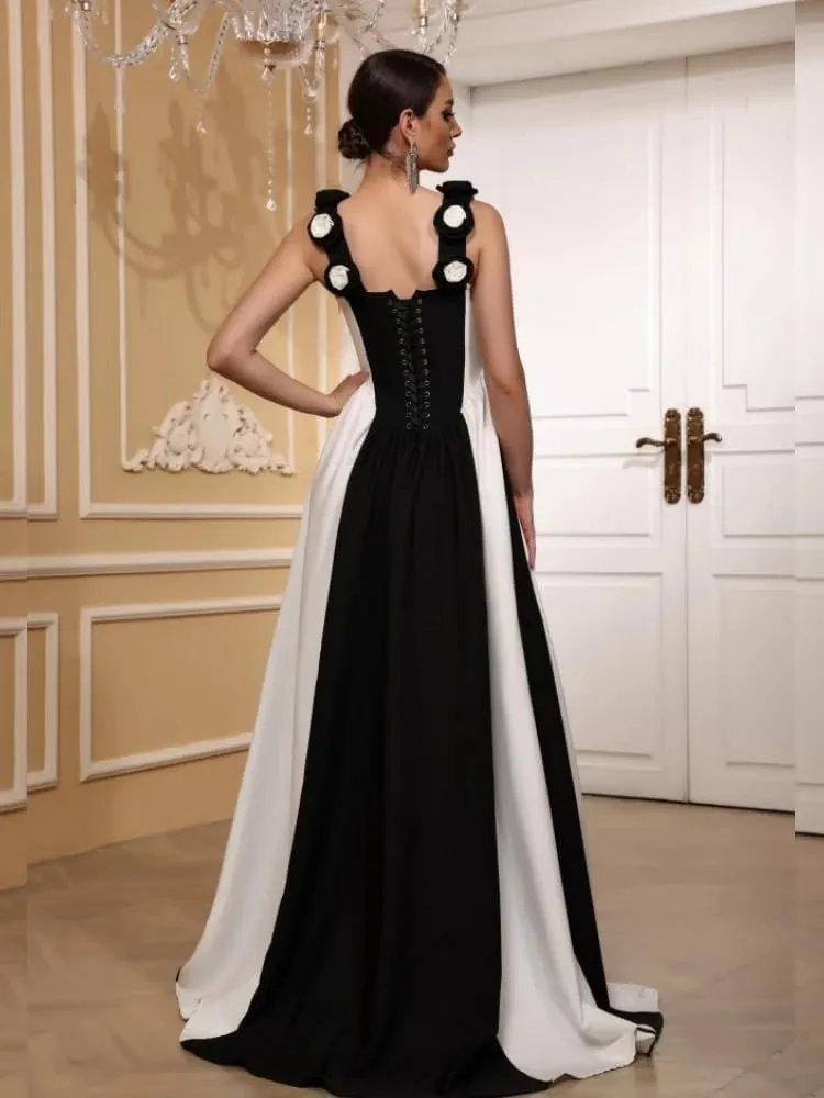 Women Luxury Bandage Party Dress Black White Patchwork Applique A Line Maxi Long Celebrity Evening Party Gala Gowns