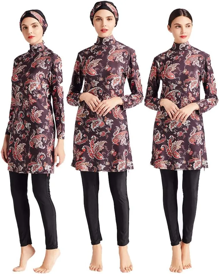 Women Modest Muslim Swimwear Patchwork Hijab Sport Long Sleeves Swimsuit 3pcs Islamic Burkinis Wear Bathing Suit