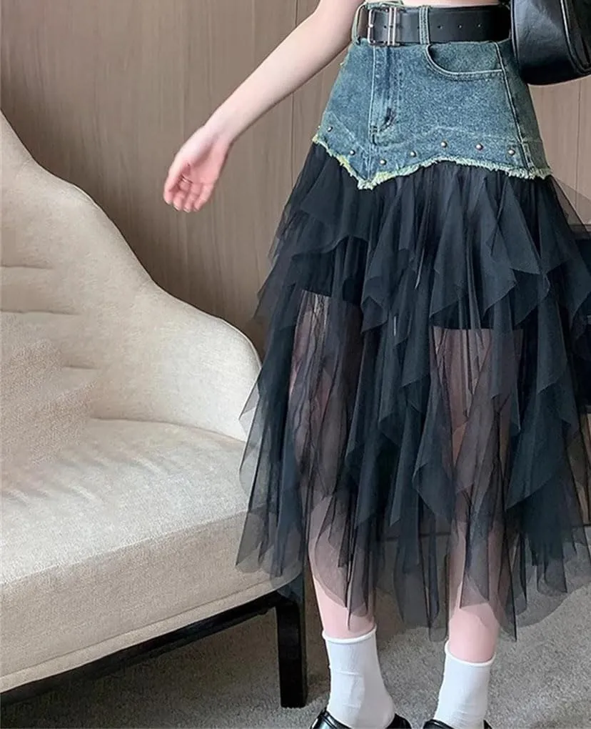 Women Patchwork Denim Skirt Irregular Mesh Wrap Long Skirt Stretch Slim Fit Rivet Detail High Waist Design