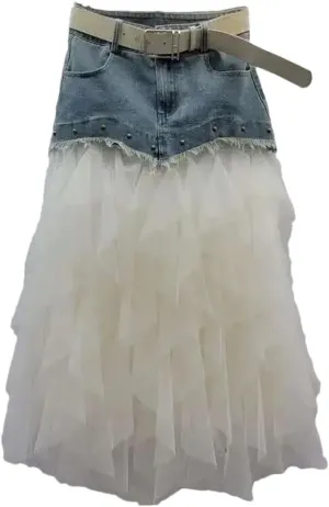 Women Patchwork Denim Skirt Irregular Mesh Wrap Long Skirt Stretch Slim Fit Rivet Detail High Waist Design