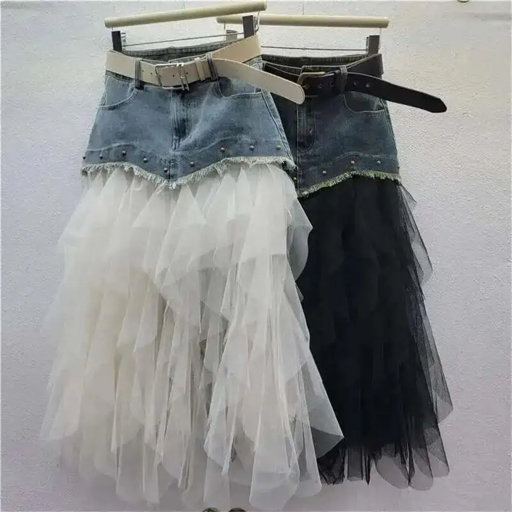 Women Patchwork Denim Skirt Irregular Mesh Wrap Long Skirt Stretch Slim Fit Rivet Detail High Waist Design