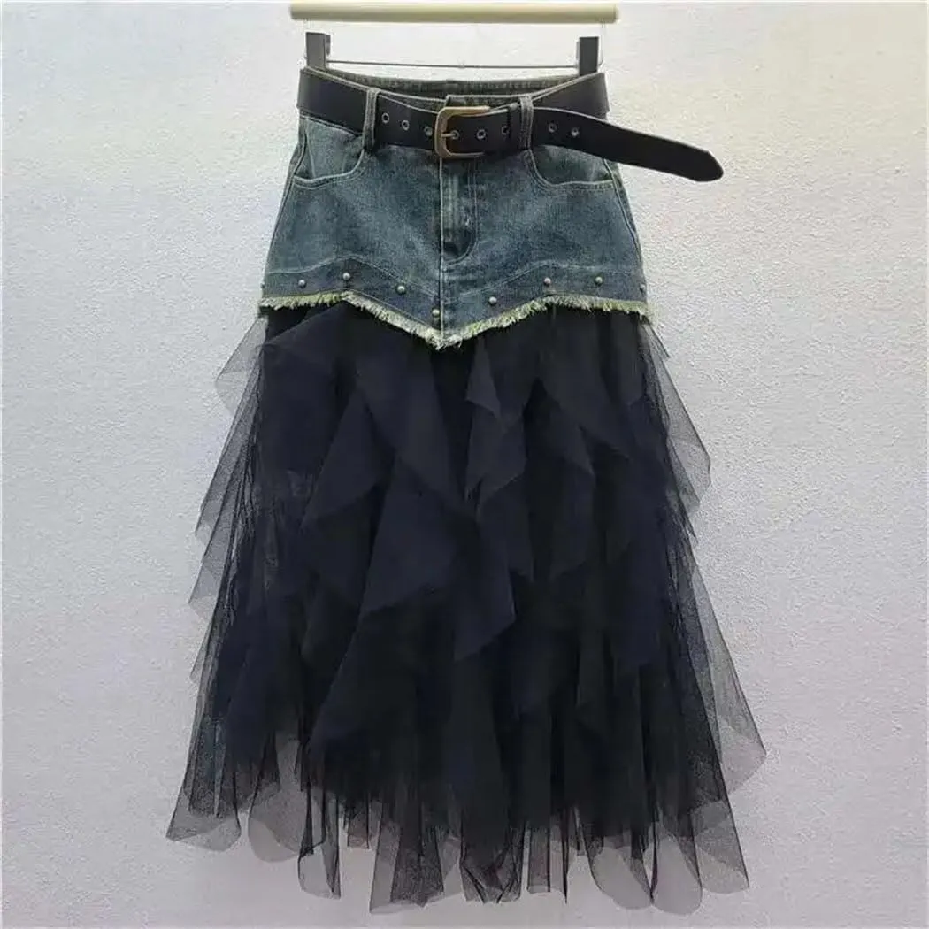 Women Patchwork Denim Skirt Irregular Mesh Wrap Long Skirt Stretch Slim Fit Rivet Detail High Waist Design