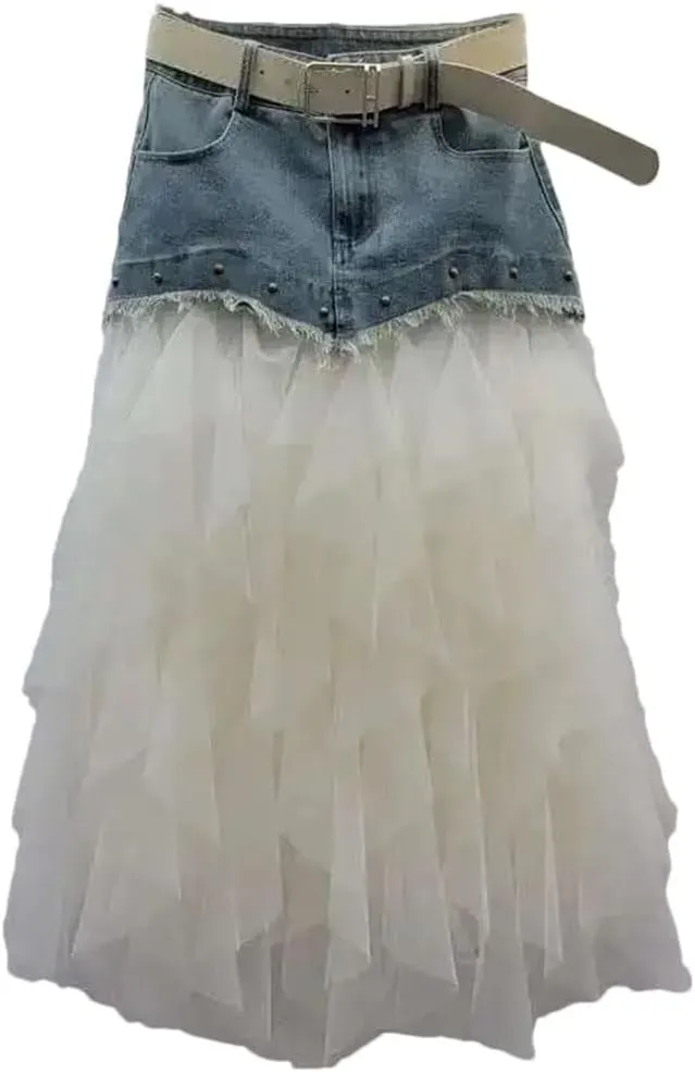 Women Patchwork Denim Skirt Irregular Mesh Wrap Long Skirt Stretch Slim Fit Rivet Detail High Waist Design