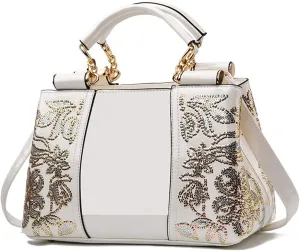 Women Patent Leather Fashion Handbags Double Sided Sequin Embroidery Shoulder Bag Top Handle Satchel Purse