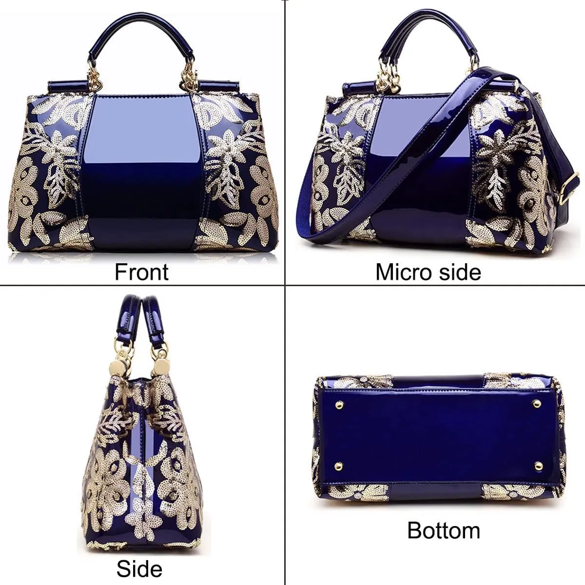 Women Patent Leather Fashion Handbags Double Sided Sequin Embroidery Shoulder Bag Top Handle Satchel Purse