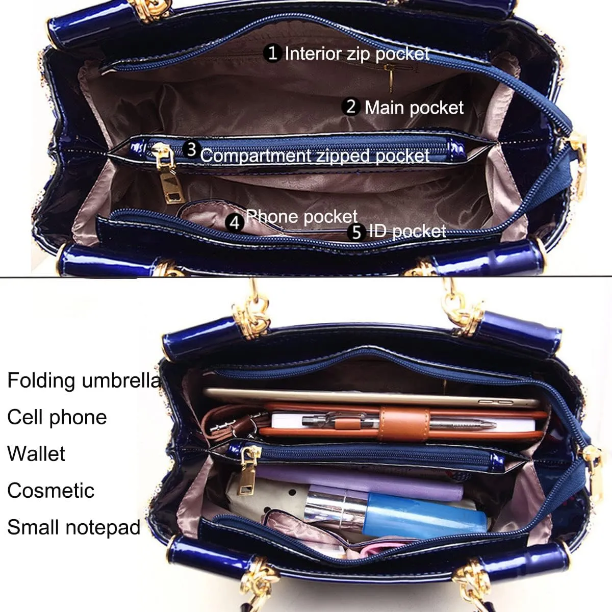 Women Patent Leather Fashion Handbags Double Sided Sequin Embroidery Shoulder Bag Top Handle Satchel Purse