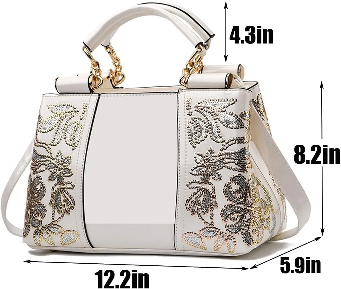 Women Patent Leather Fashion Handbags Double Sided Sequin Embroidery Shoulder Bag Top Handle Satchel Purse