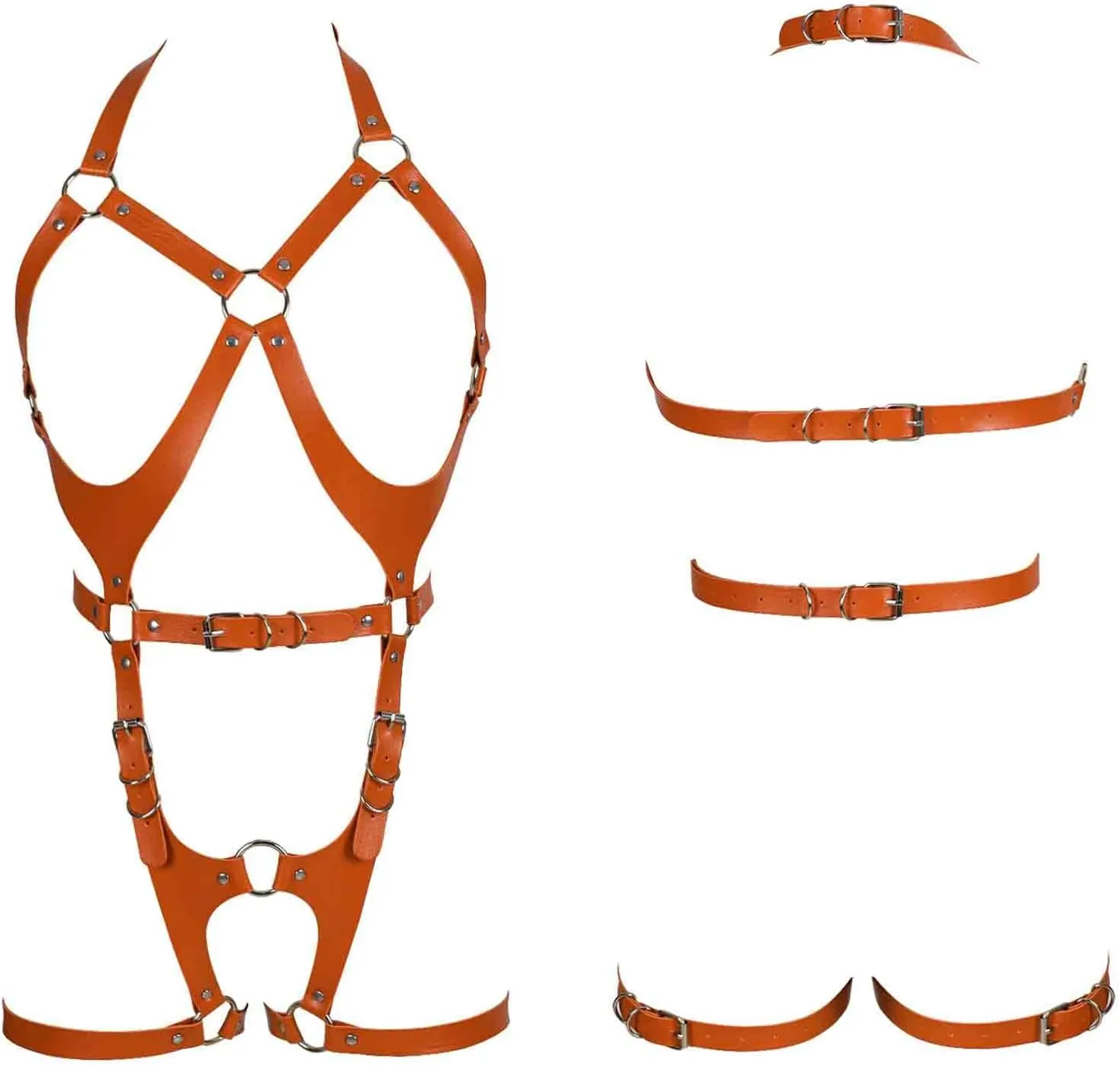 Women Punk Leather Body Harness Lingerie Leg Straps Chest Caged Belt Set Goth Punk Clothing