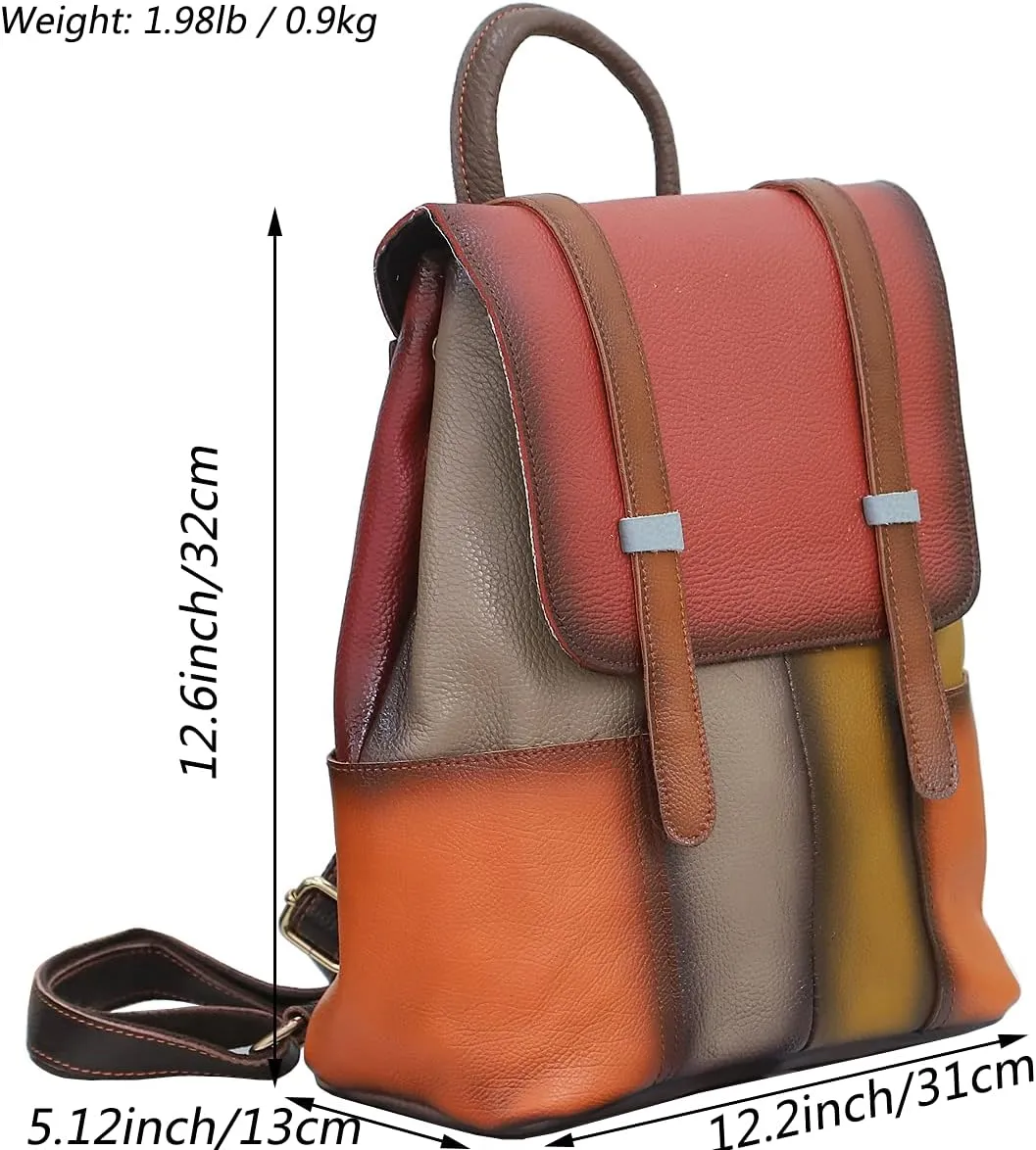 Women Random Multicoloured Backpack Genuine Leather Shoulder Handbag Colorful Patchwork Purses Campus Travel Daypack