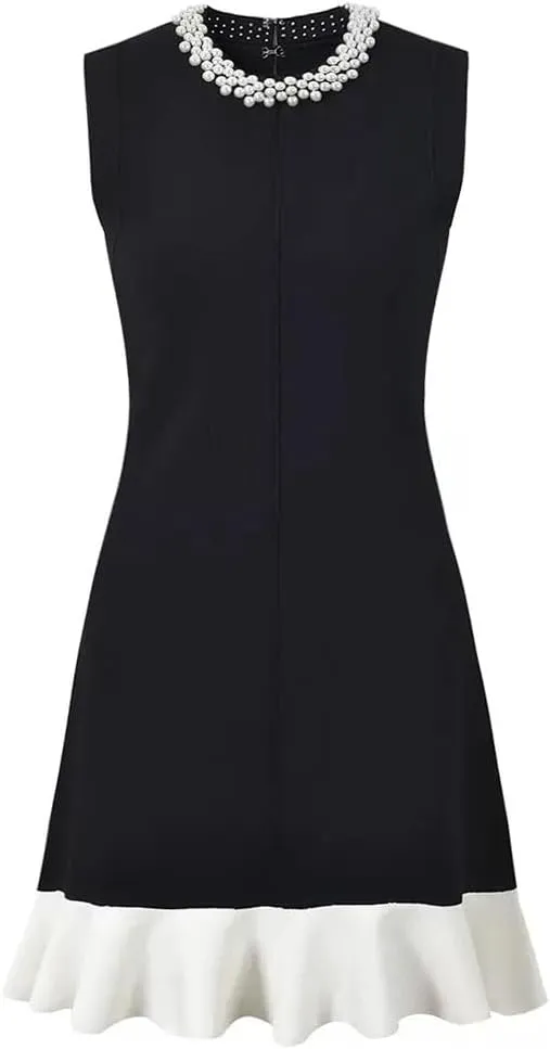 Women Ruffles Patchwork Knitted Mini Dress Crew Neck Beads Sleeveless Slim Dresses