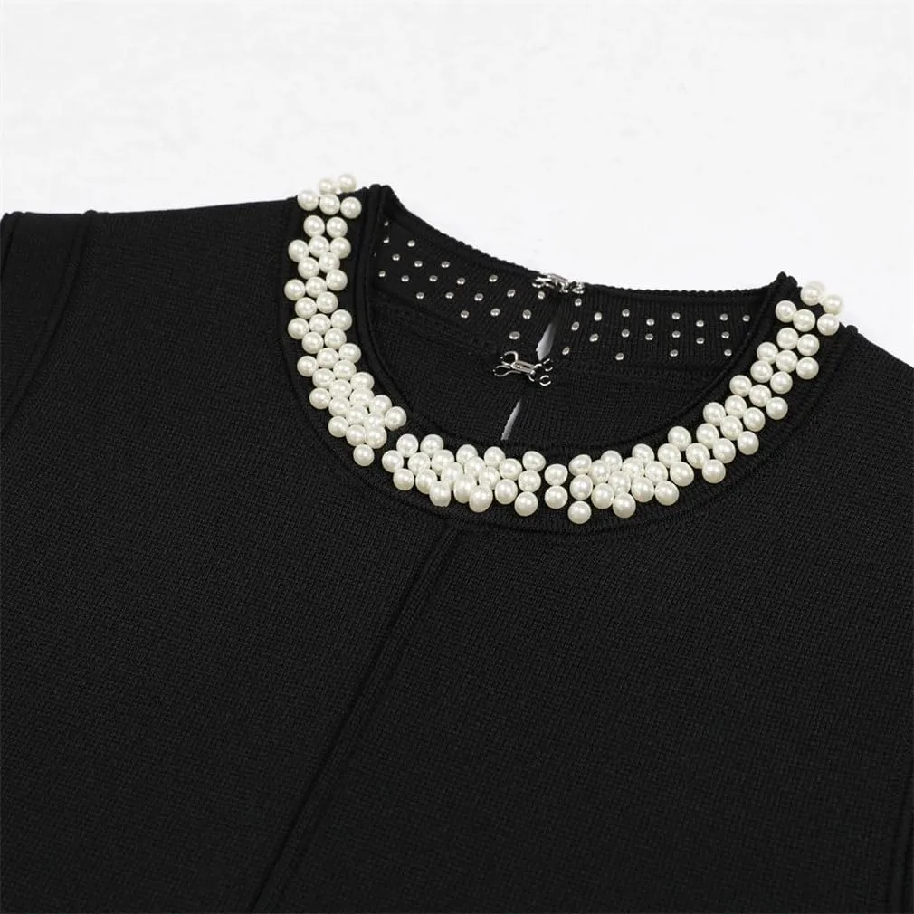 Women Ruffles Patchwork Knitted Mini Dress Crew Neck Beads Sleeveless Slim Dresses