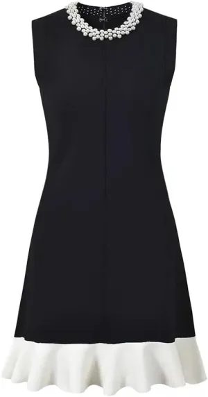 Women Ruffles Patchwork Knitted Mini Dress Crew Neck Beads Sleeveless Slim Dresses