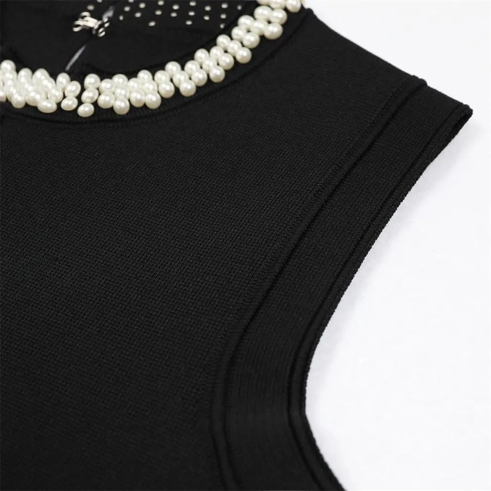 Women Ruffles Patchwork Knitted Mini Dress Crew Neck Beads Sleeveless Slim Dresses