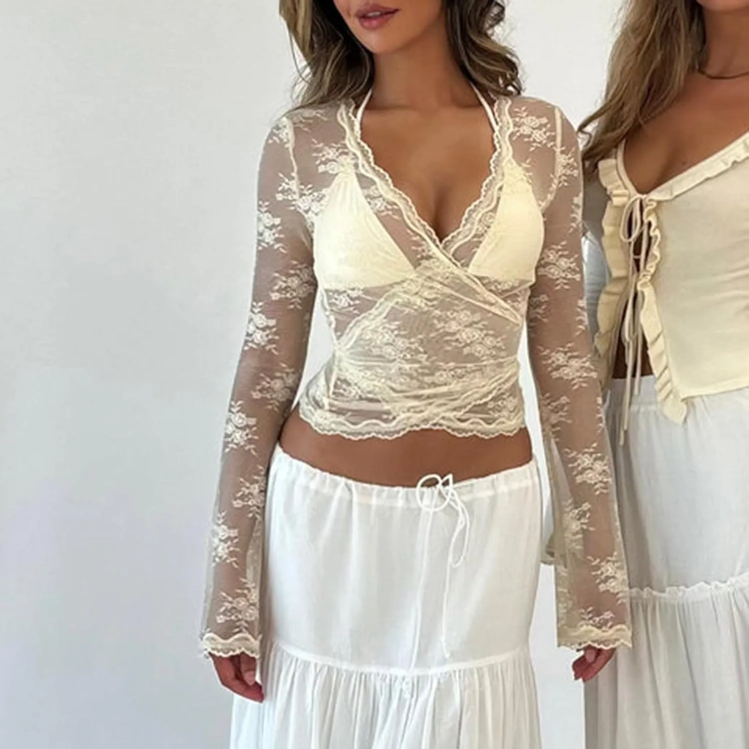 Women Sheer Lace Tops Floral Lace V Neck Long Sleeve See Through Slim Fit Crop Shirt Y2k Aesthetic Grunge Cover Ups