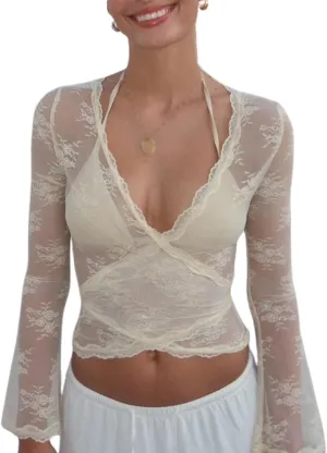 Women Sheer Lace Tops Floral Lace V Neck Long Sleeve See Through Slim Fit Crop Shirt Y2k Aesthetic Grunge Cover Ups