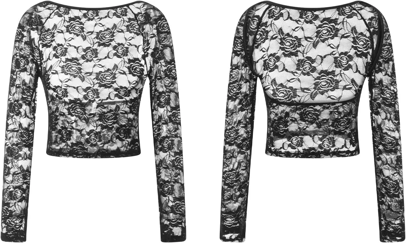 Women Sheer Lace Tops Floral Lace V Neck Long Sleeve See Through Slim Fit Crop Shirt Y2k Aesthetic Grunge Cover Ups