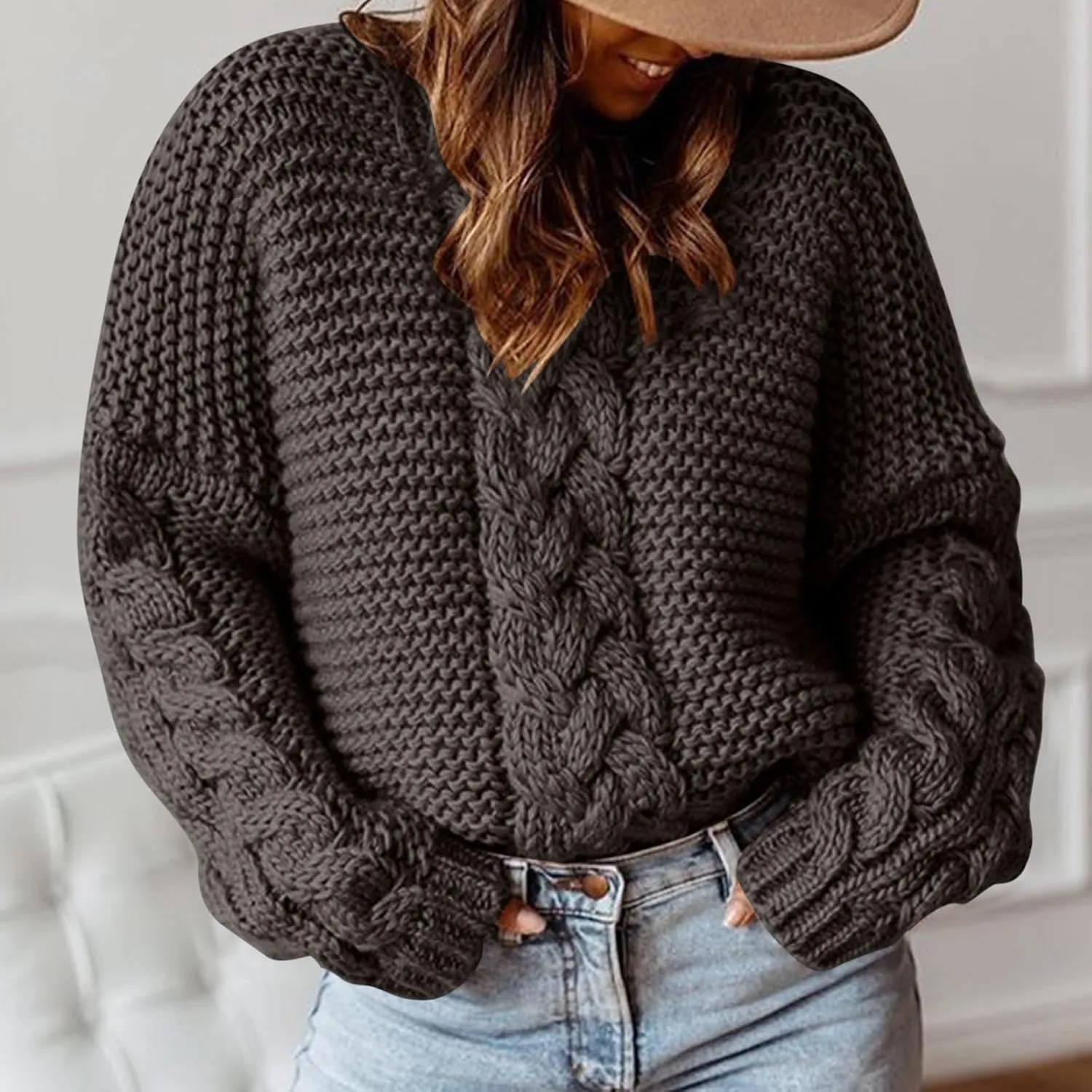 Women Solid Chunky Cable Knit Sweaters Pullover Fall Fashion 2023 Loose Winter Sweaters (Available in Plus Size)