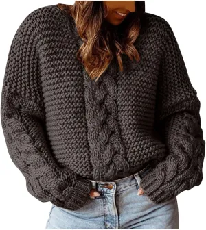 Women Solid Chunky Cable Knit Sweaters Pullover Fall Fashion 2023 Loose Winter Sweaters (Available in Plus Size)