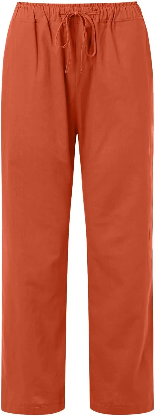 Women Summer High Waist Linen Palazzo Pants Wide Leg Long Button Loose Pant Trousers with Pockets