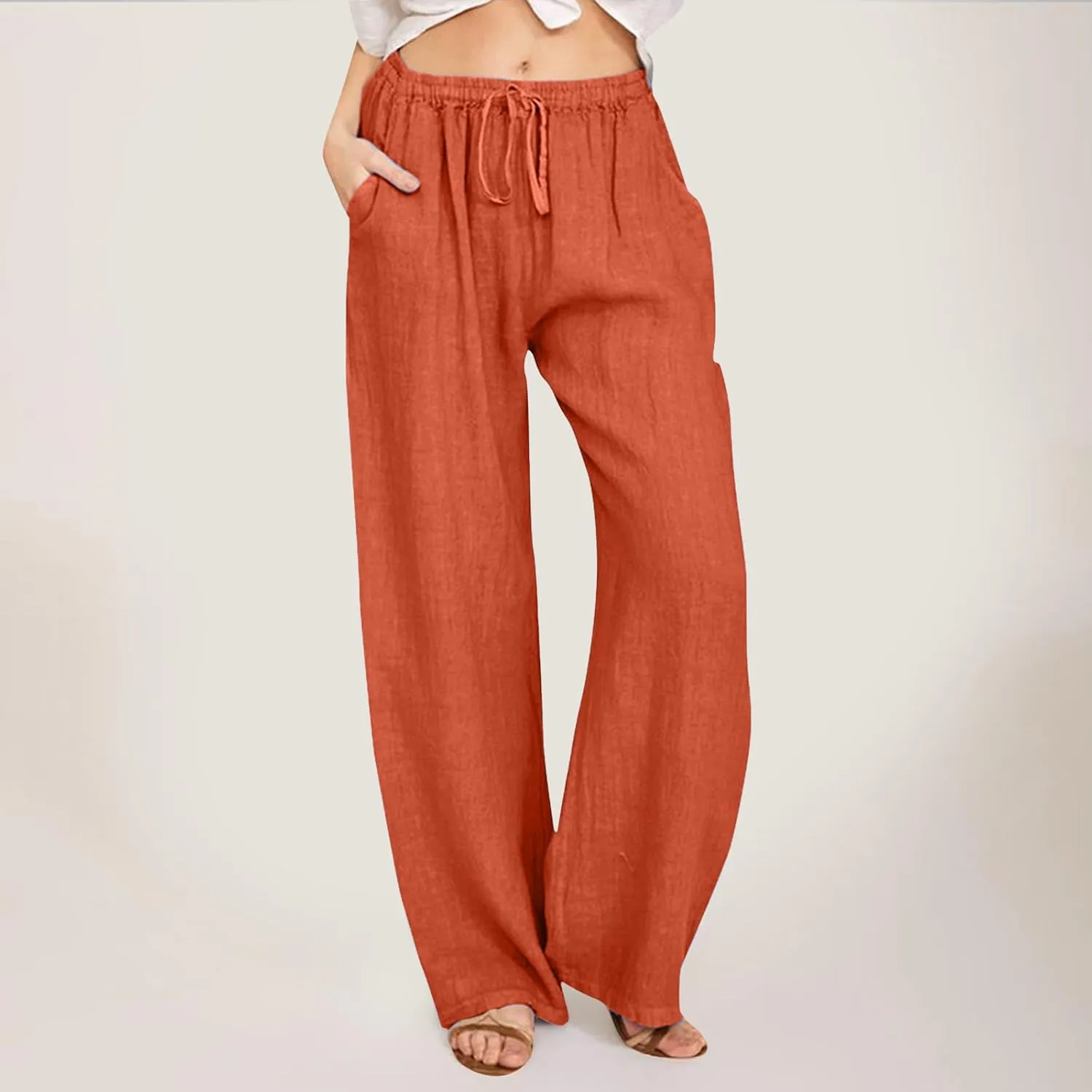 Women Summer High Waist Linen Palazzo Pants Wide Leg Long Button Loose Pant Trousers with Pockets