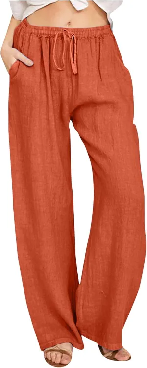Women Summer High Waist Linen Palazzo Pants Wide Leg Long Button Loose Pant Trousers with Pockets
