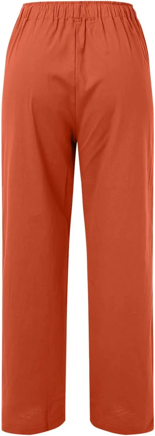 Women Summer High Waist Linen Palazzo Pants Wide Leg Long Button Loose Pant Trousers with Pockets