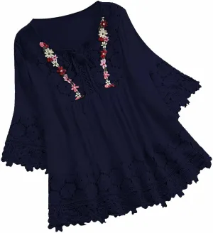 Women Summer Top Cotton Linen Vintage Lace Patchwork Tie-Up Short Sleeve V Neck Shirt Cute Floral Vacation Tops