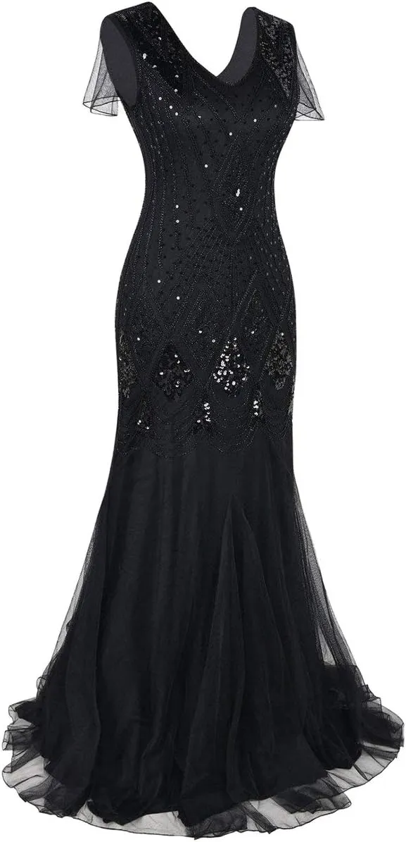 Women Vintage 1920s Gatsby Flapper Evening Party Dress V Neck Art Deco Sequins Mermaid Hem Cocktail Formal Long Maxi Gown