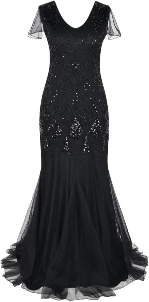 Women Vintage 1920s Gatsby Flapper Evening Party Dress V Neck Art Deco Sequins Mermaid Hem Cocktail Formal Long Maxi Gown