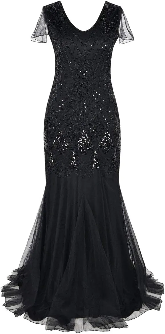 Women Vintage 1920s Gatsby Flapper Evening Party Dress V Neck Art Deco Sequins Mermaid Hem Cocktail Formal Long Maxi Gown