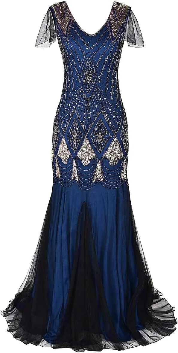 Women Vintage 1920s Gatsby Flapper Evening Party Dress V Neck Art Deco Sequins Mermaid Hem Cocktail Formal Long Maxi Gown