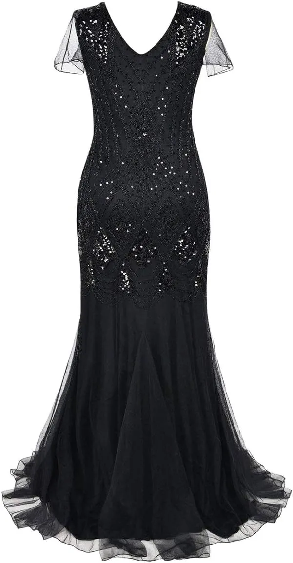 Women Vintage 1920s Gatsby Flapper Evening Party Dress V Neck Art Deco Sequins Mermaid Hem Cocktail Formal Long Maxi Gown